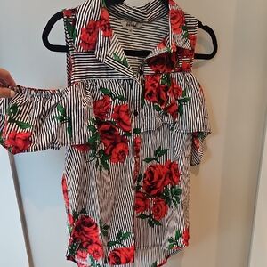 Blush Black and White Striped Top with Red Floral Design